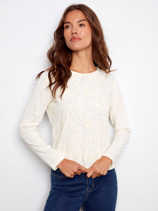 Womens Charlie B Embroidered Cotton Jersey Crew Neck Top in Ecru