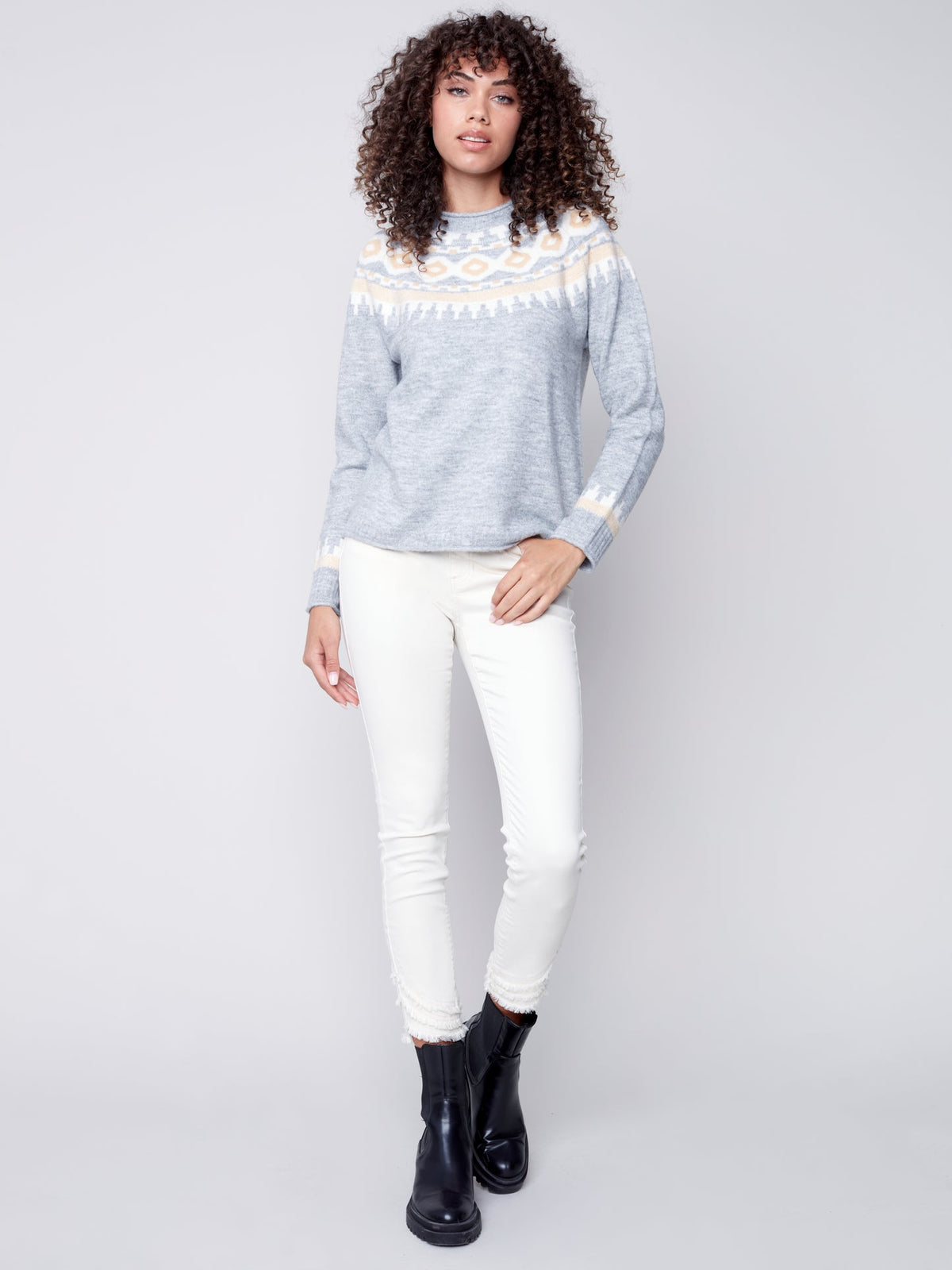 Womens Charlie B Apres Ski Jacquard Crew Neck Sweater in Grey