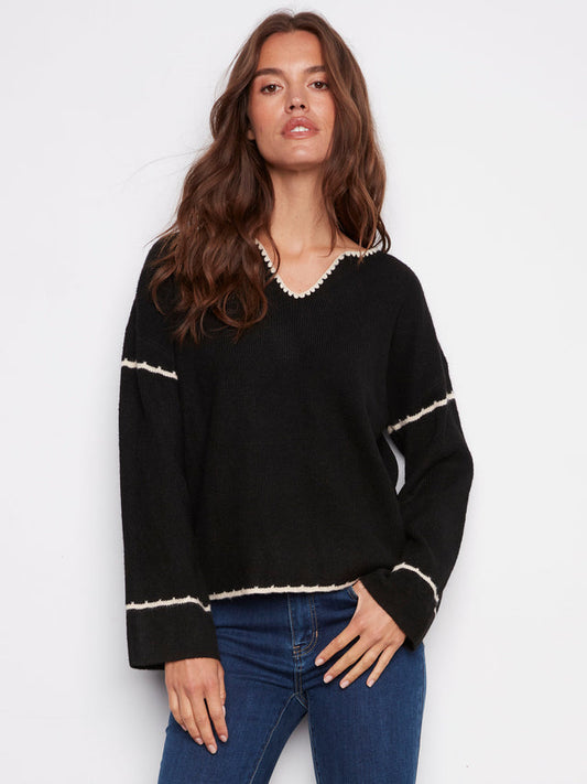 Womens Charlie B Embroidered Sweater with Notch Neck in Black