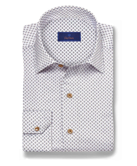 David Donahue Micro Geometric Print Sport Shirt in White/Chocolate