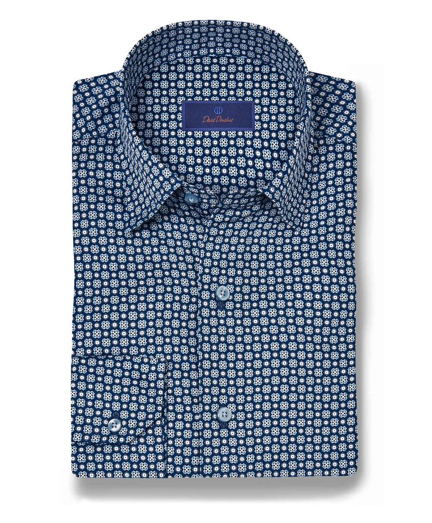 David Donahue Geometric Print Sport Shirt in Navy