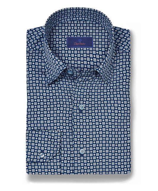 David Donahue Geometric Print Sport Shirt in Navy