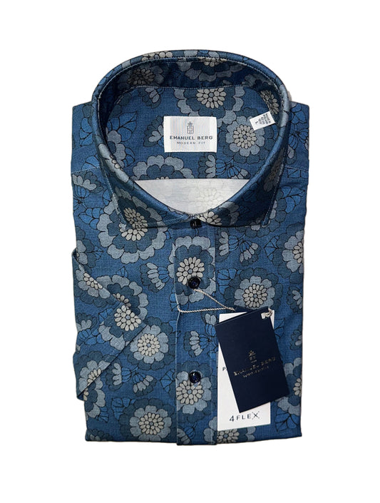 Emanuel Berg Modern 4 Flex Stretch Short Sleeve Sport Shirt in Medium Blue Floral