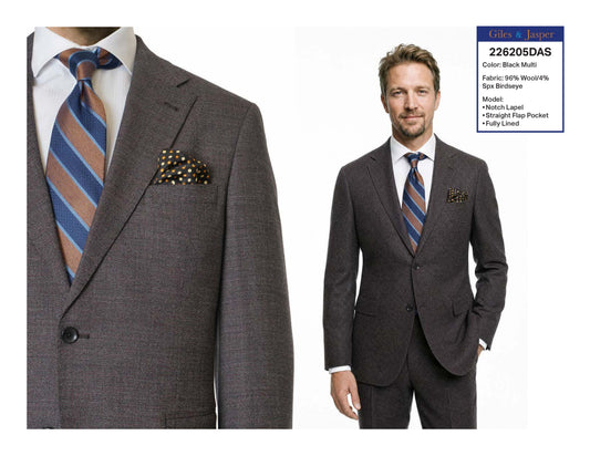 Giles & Jasper Super 120's wool Suit in Grey/Brick Birdseye