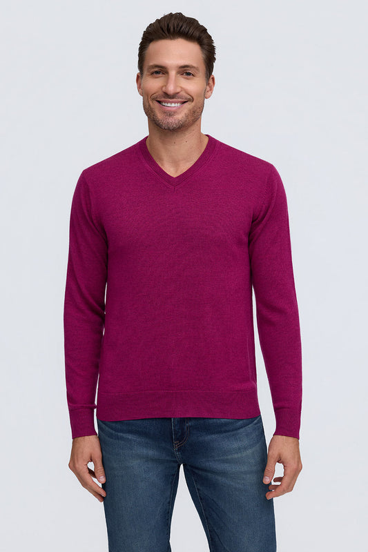Raffi Bronson Merino Wool V-Neck Sweater in Cherry