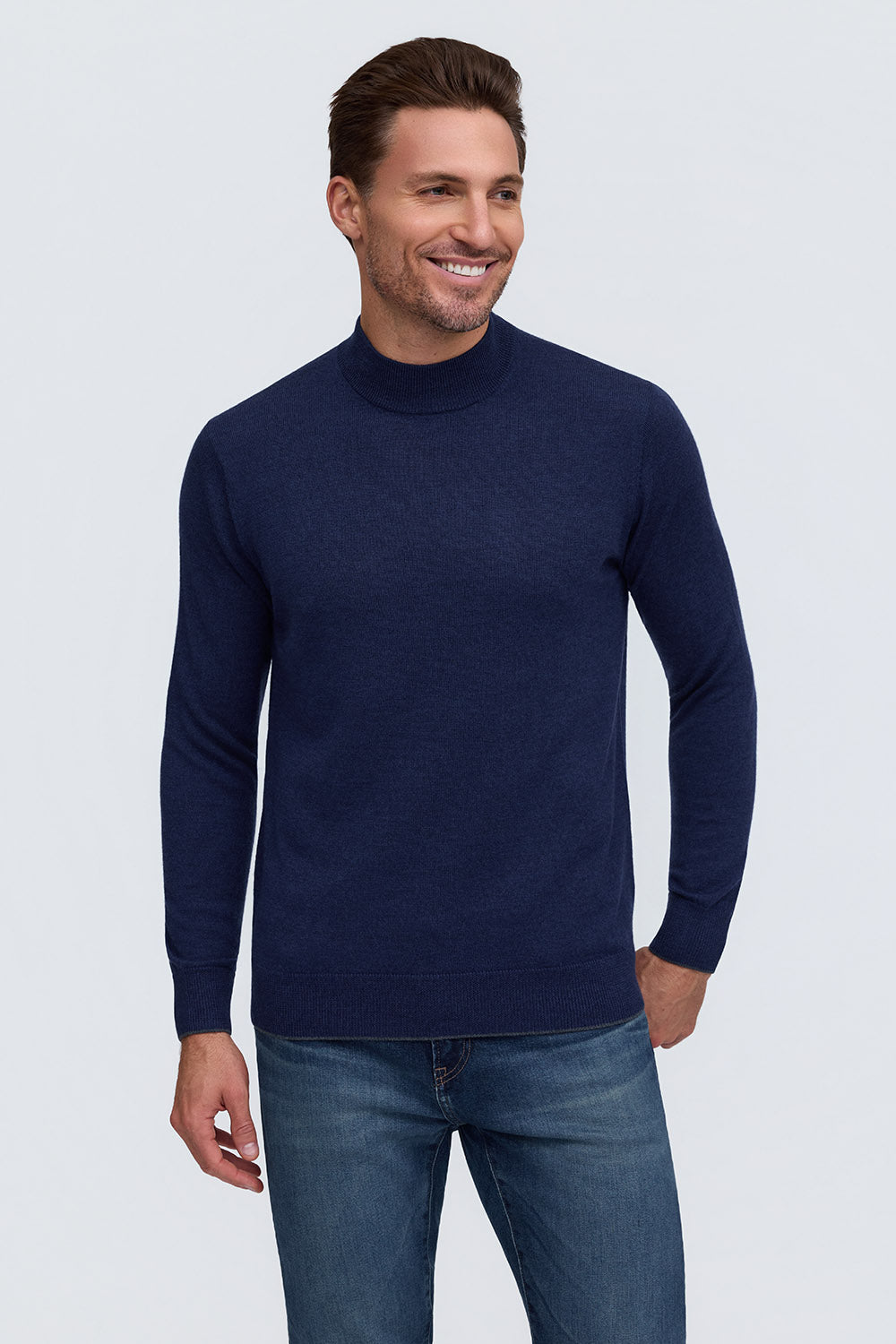 Raffi Cotton Blend Mock Neck Sweater in Midnight