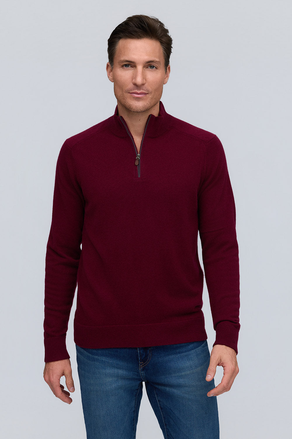 Raffi Irving Cashmere Quarter Zip Mock Neck Sweater in Bordeaux