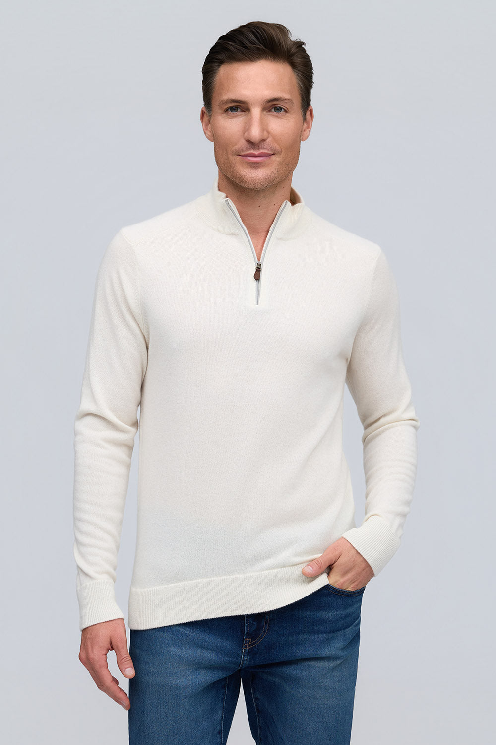 Raffi Irving Cashmere Quarter Zip Mock Neck Sweater in Ivory