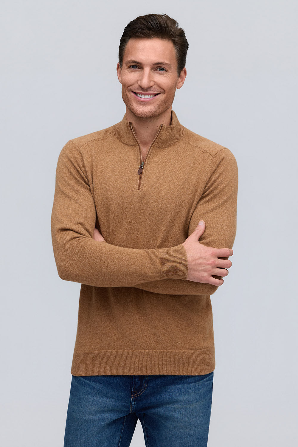 Raffi Irving Cashmere Quarter Zip Mock Neck Sweater in Tan