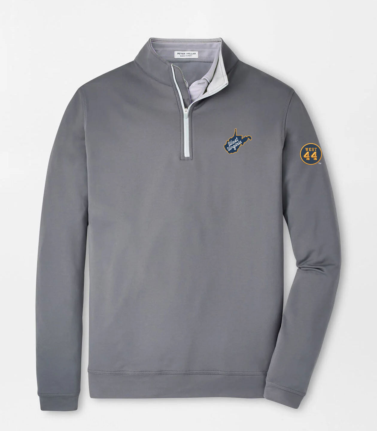 WVU Jerry West Peter Millar Perth Quarter Zip in Iron-State Script