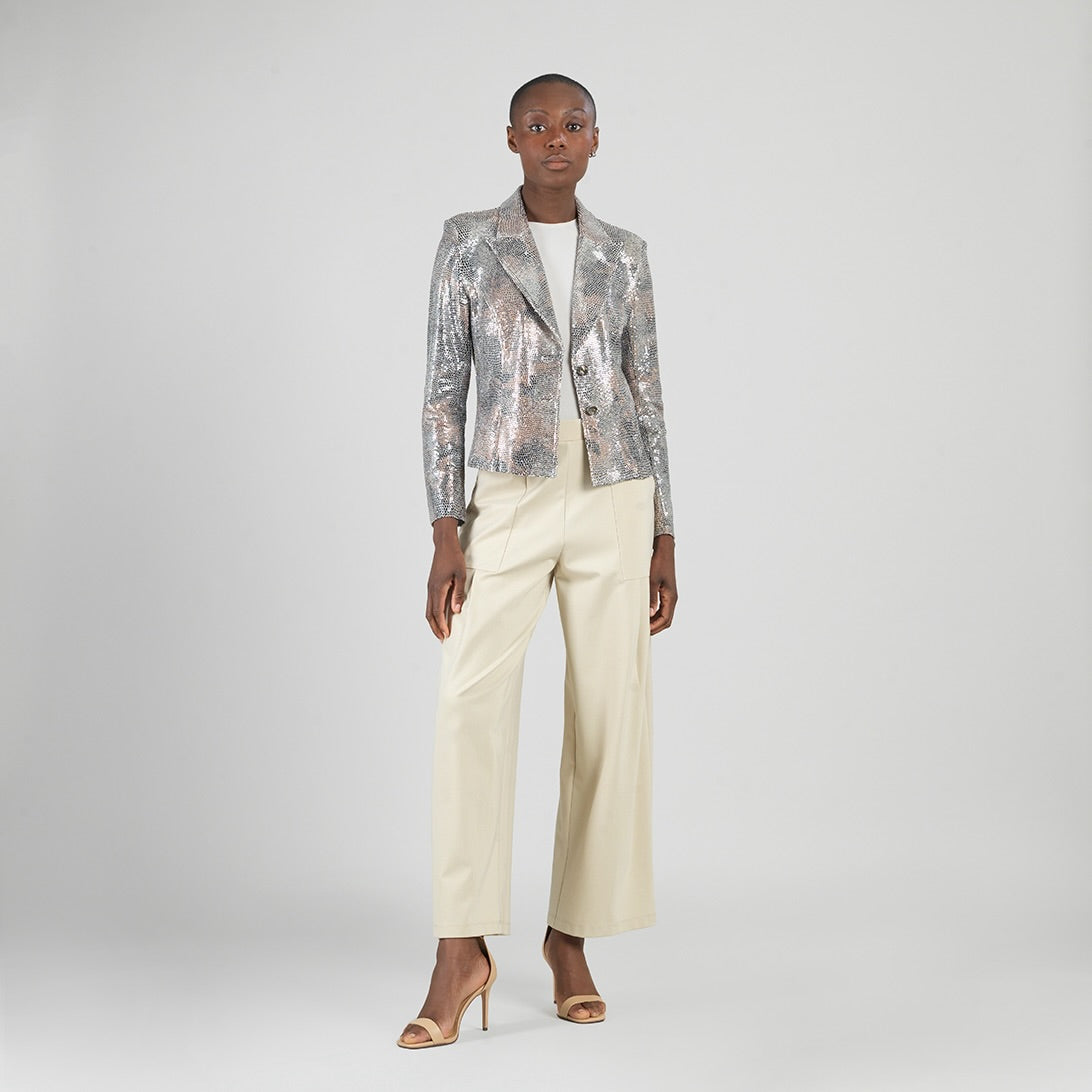 Womens Sequin Knit Modern Button Blazer in Champagne