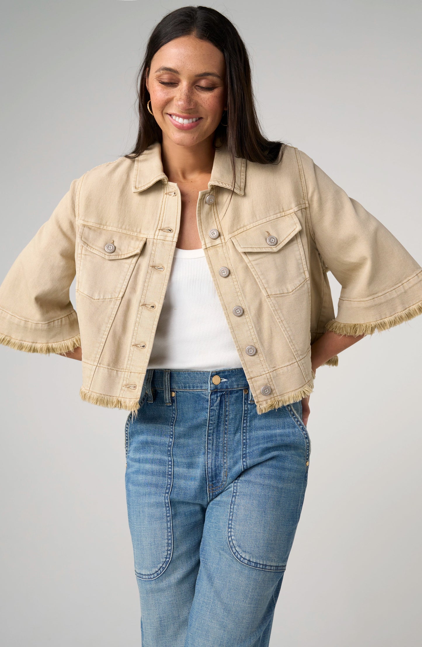 Womens Liverpool 3/4 Sleeve Frayed Flounce Jacket in Light Khaki
