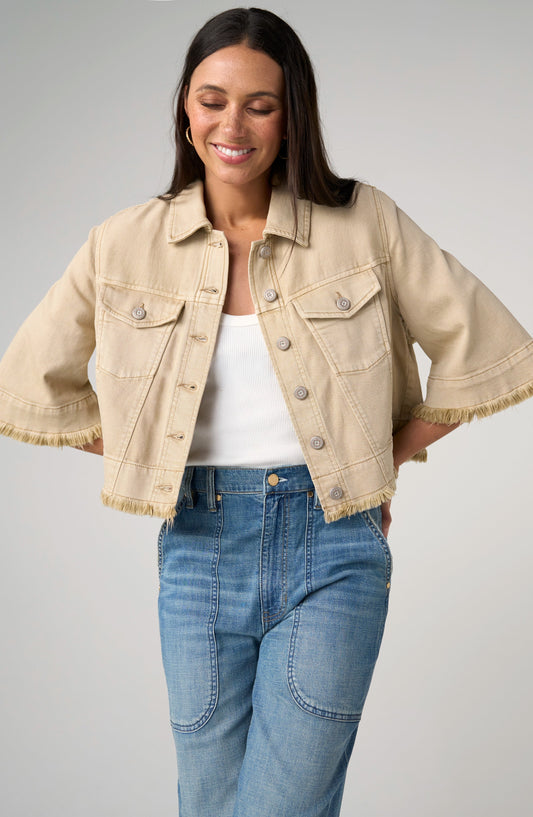 Womens Liverpool 3/4 Sleeve Frayed Flounce Jacket in Light Khaki