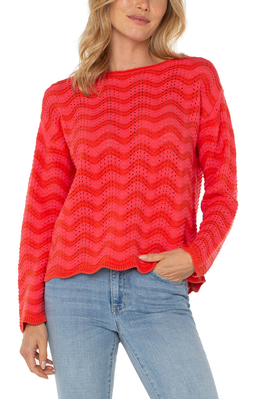 Womens Liverpool Long Sleeve Boatneck Sweater in Pink/Red Stripe