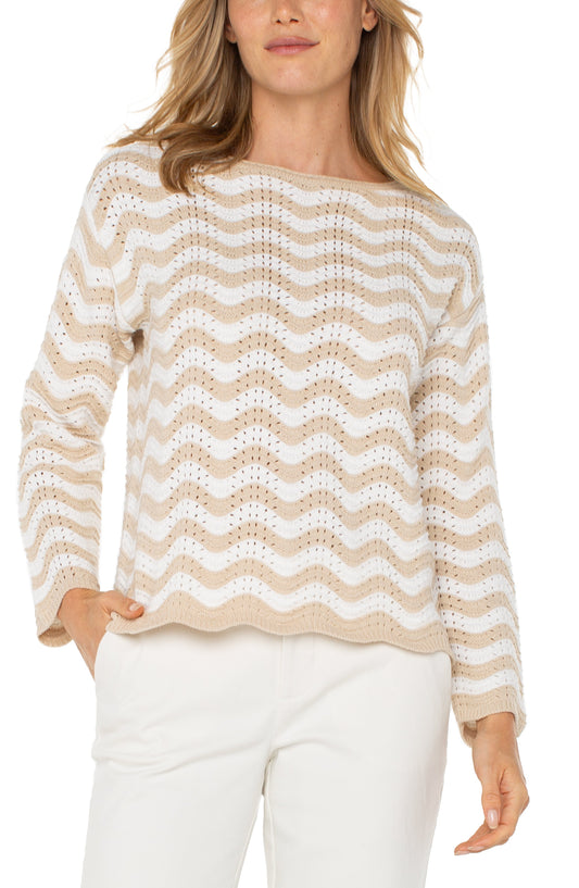 Womens Liverpool Long Sleeve Boatneck Sweater in Tan/Ivory Stripe