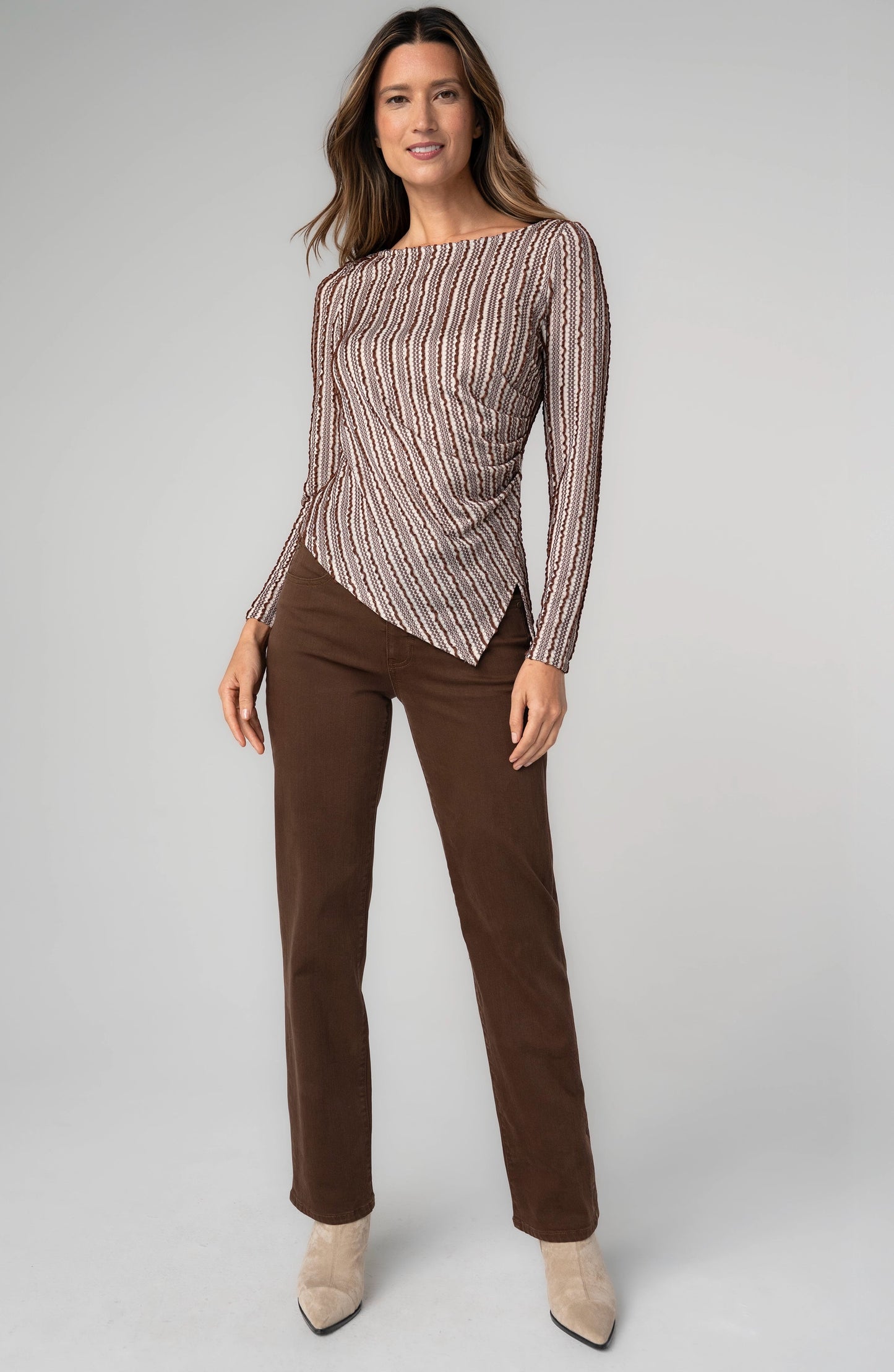 Womens Liverpool Long Sleeve Asymmetrical Top in Brown Ivory Stripe