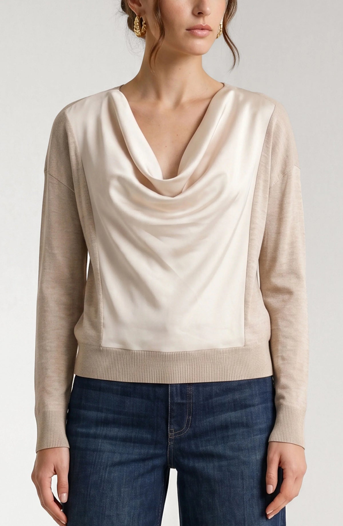 Womens Liverpool Draped Neck Mixed Media Sweater in Champagne Melange