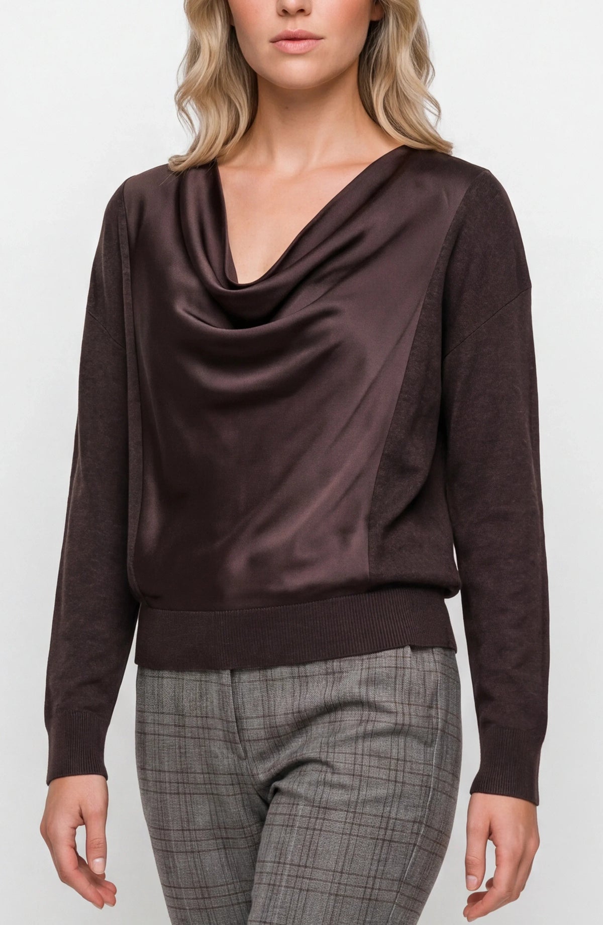 Womens Liverpool Draped Neck Mixed Media Sweater in Java Melange