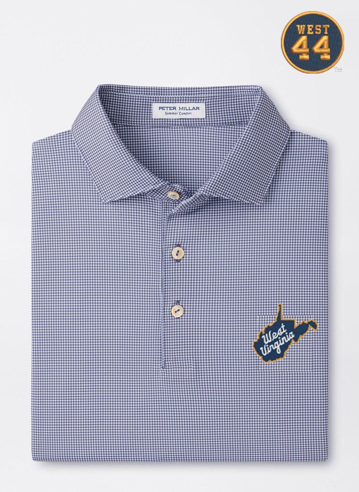 WVU Jerry West Peter Millar Border Performance Polo with Sean Collar in Navy-State Script