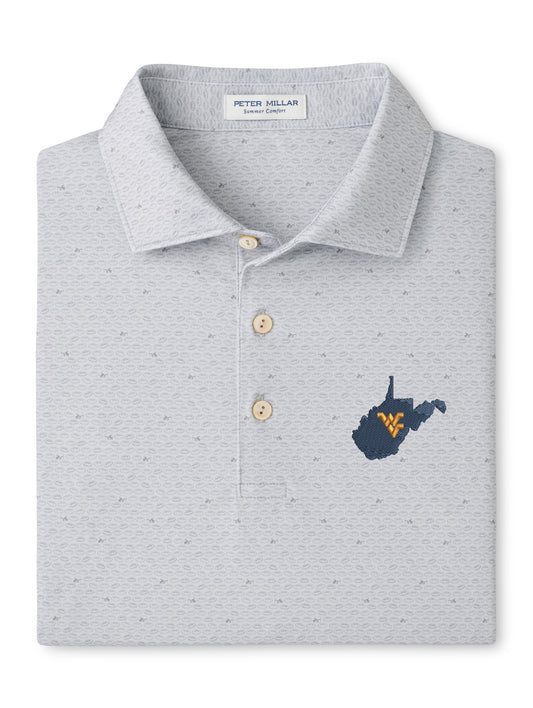 WVU Peter Millar On The Ball Performance Polo in British Grey-State Logo