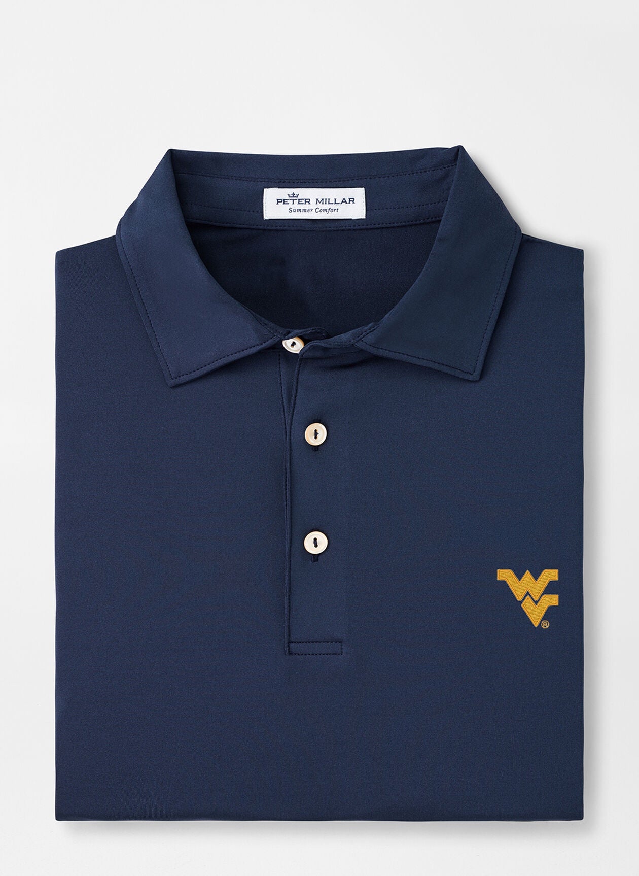 WVU Peter Millar Solid Performance Polo with Sean Collar in Navy