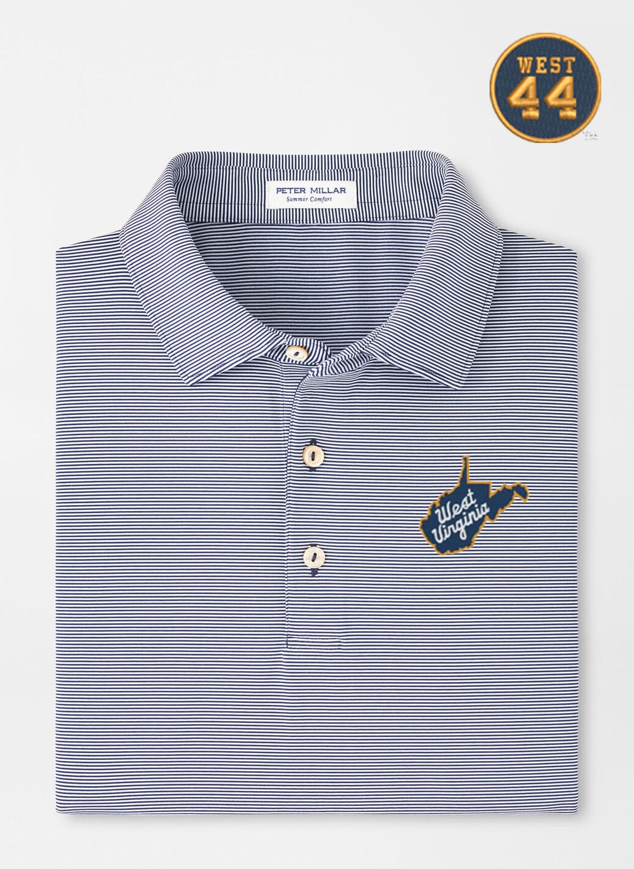 WVU Jerry West Peter Millar Jubilee Performance Polo with Sean Collar in Navy-State Script