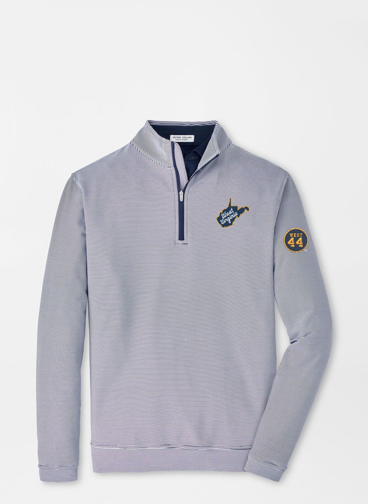 WVU Jerry West Peter Millar Sugar Stripe Perth Quarter Zip in Navy/White-State Script