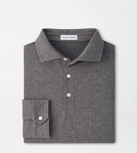 Peter Millar Herringbone Long Sleeve Polo in Charcoal