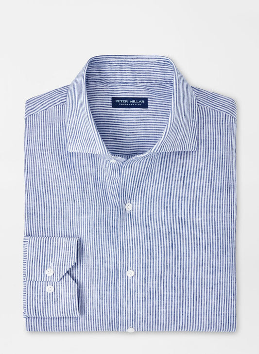 Peter Millar Astino Lino Stripe Sport Shirt in Ocean Blue
