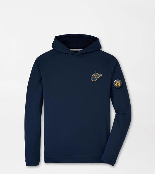 WVU Jerry West Peter Millar Pine Logo Performance Hoodie in Navy