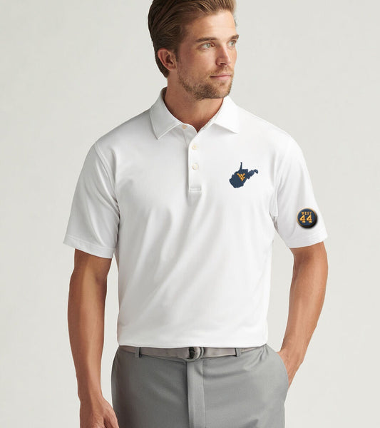 WVU Jerry West Peter Millar Solid Performance Polo with Sean Collar in White