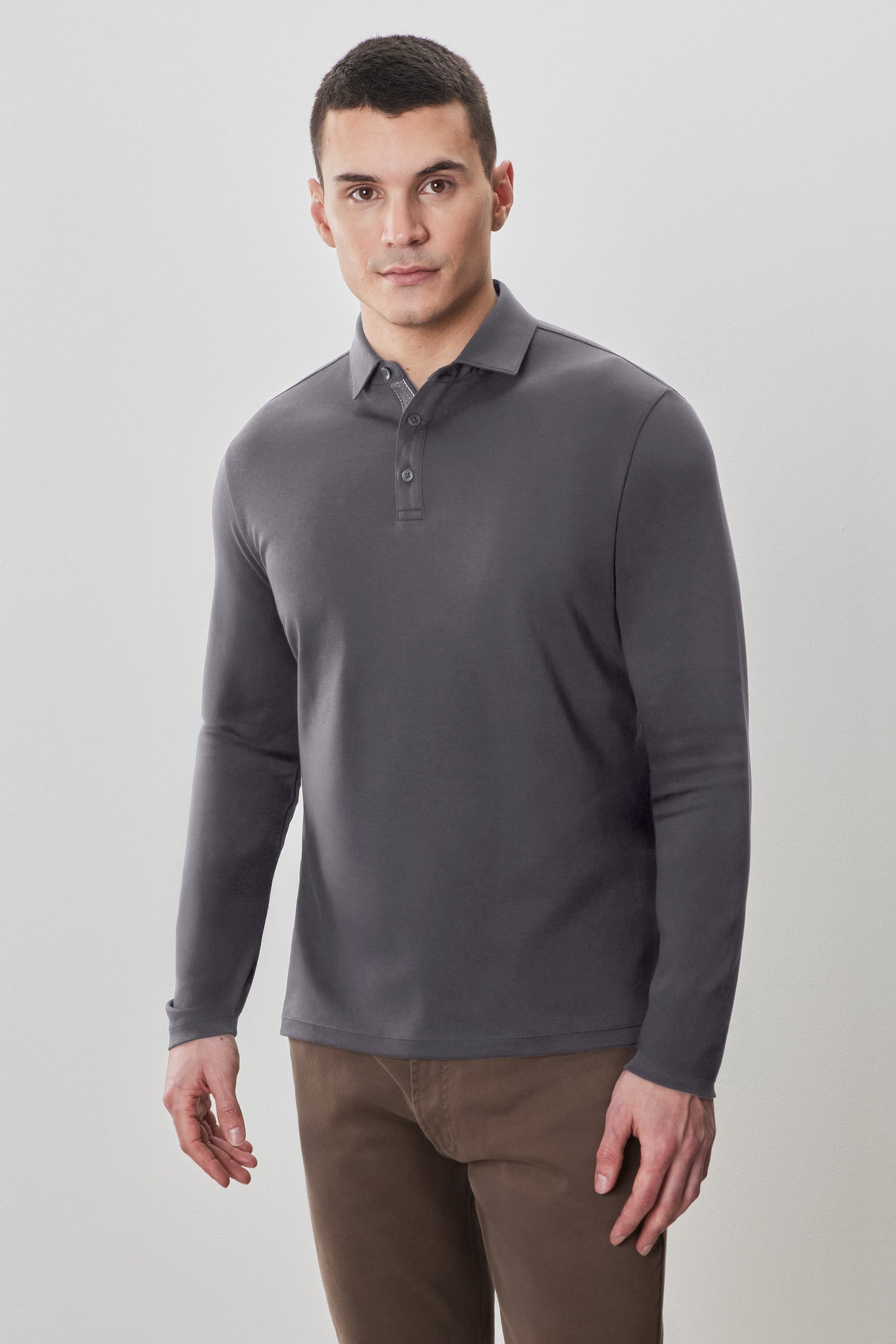 Robert Barakett Long Sleeve Herringbone Polo in Smoke