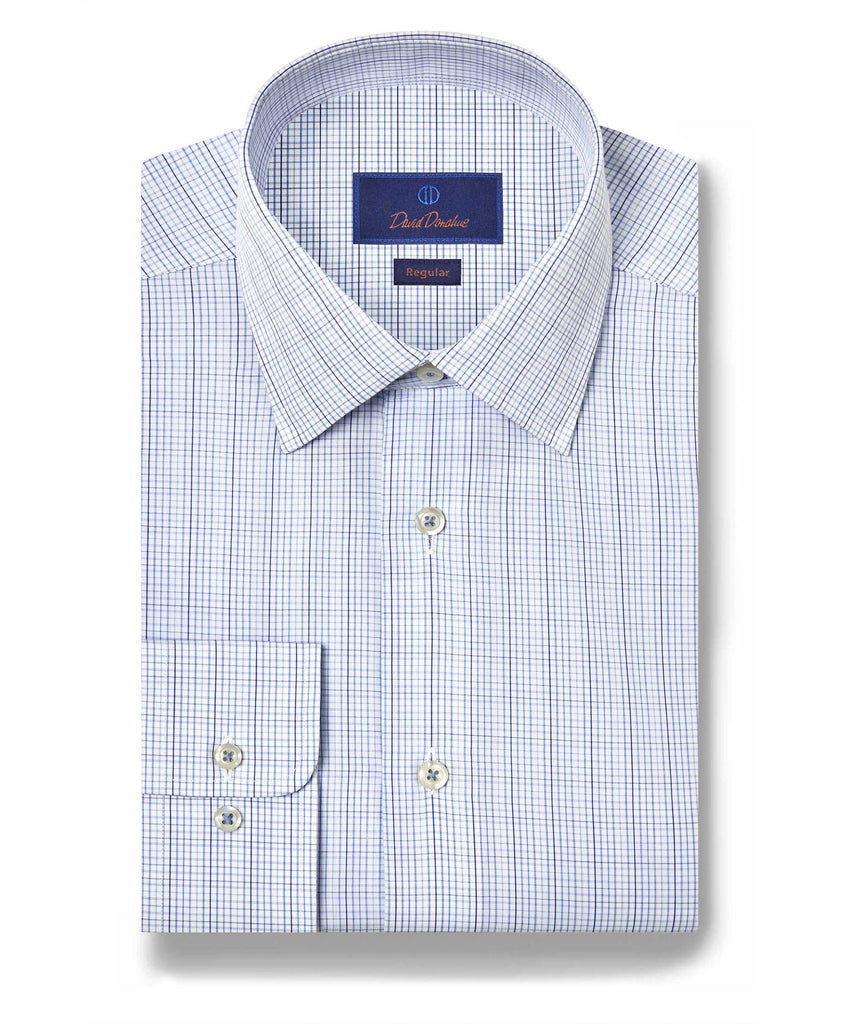David Donahue Regular Fit Multi Polplin Dress Shirt in Blue
