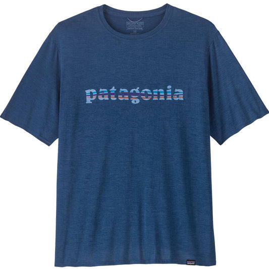 Patagonia Mens Cap Cool Daily Graphic Shirt in '73 Text Logo: Clement Blue X-Dye