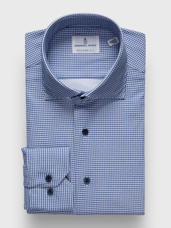 Emanuel Berg Modern 4 Flex Stretch Sport Shirt in Bright Blue Houndstooth