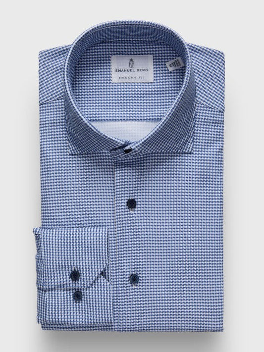 Emanuel Berg Modern 4 Flex Stretch Sport Shirt in Bright Blue Houndstooth
