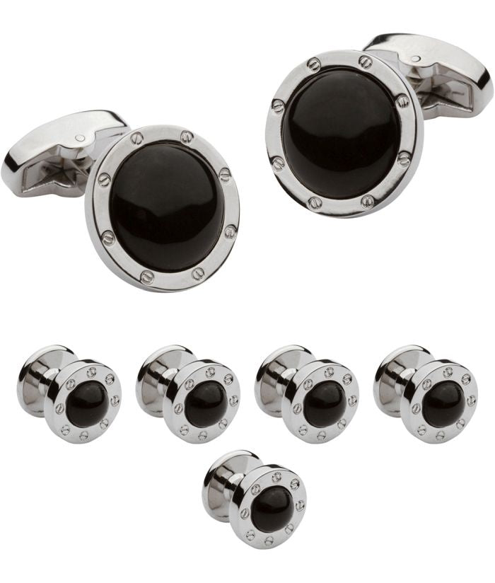 Pacific Silk Silver Stud Set in Round Black Onyx Fancy