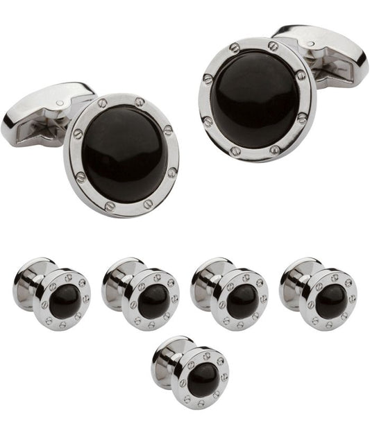 Pacific Silk Silver Stud Set in Round Black Onyx Fancy