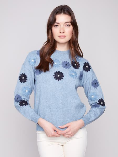 Womens Charlie B Embroidered Crew Neck Sweater in Denim
