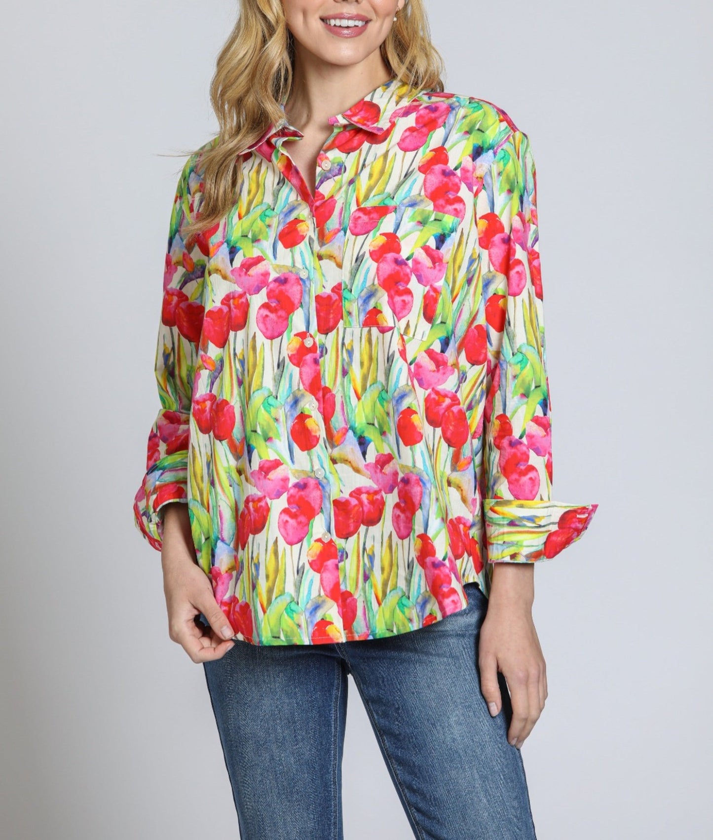 Womens APNY Button Up Blouse in Pink Multi