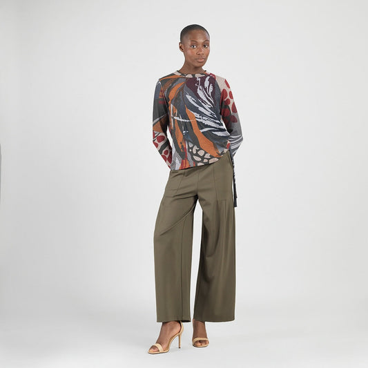 Womens Clara Sun Woo Cozy Knit Sweater Top in Olive/Tan Abstract Harvest