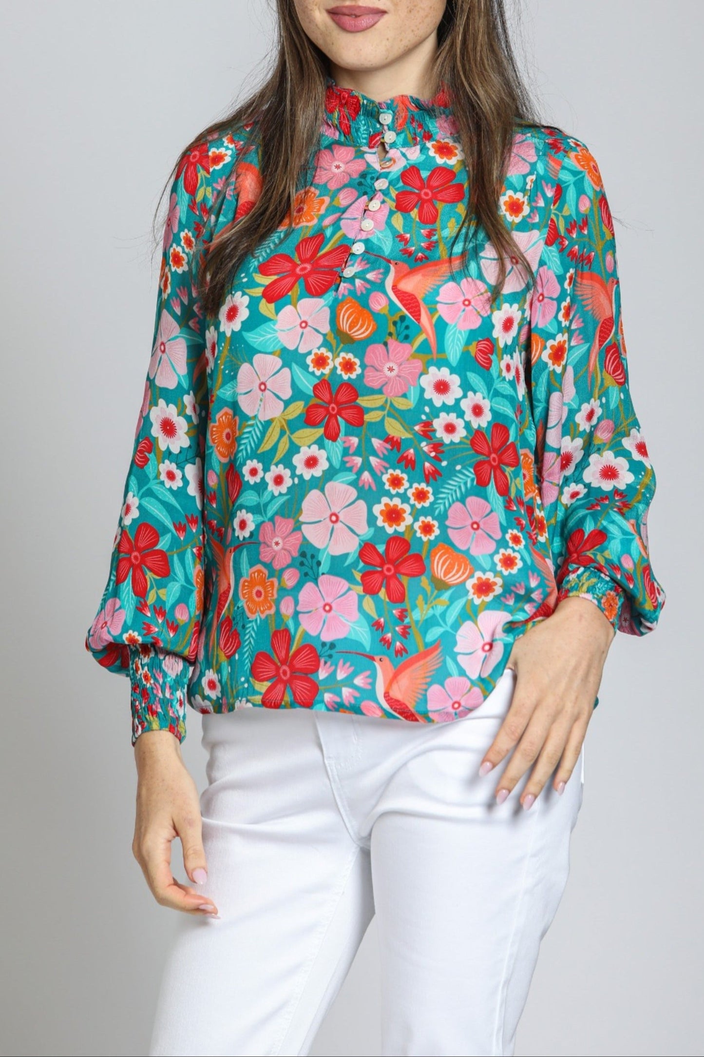 Womens APNY Blouson Sleeve Top in Green Multi