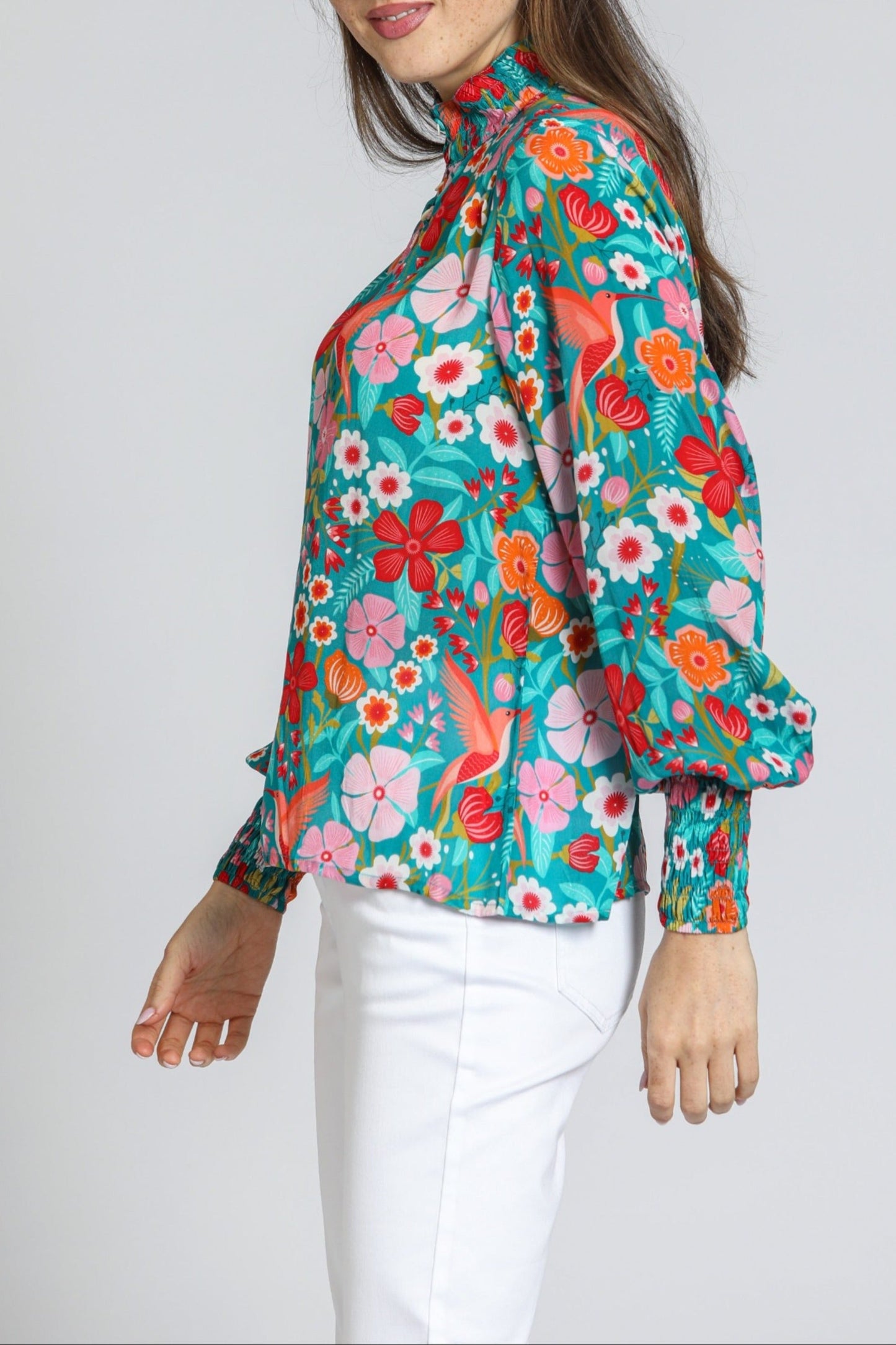 Womens APNY Blouson Sleeve Top in Green Multi