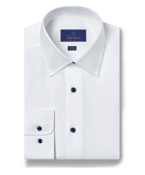 David Donahue Trim Fit Super Fine Twill Dress Shirt in White with Navy Button