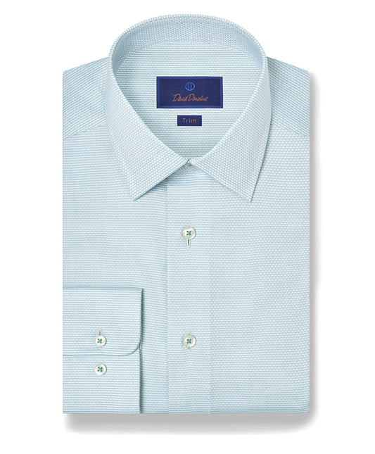 David Donahue Trim Fit Dobby Check Dress Shirt in White/Pistachio