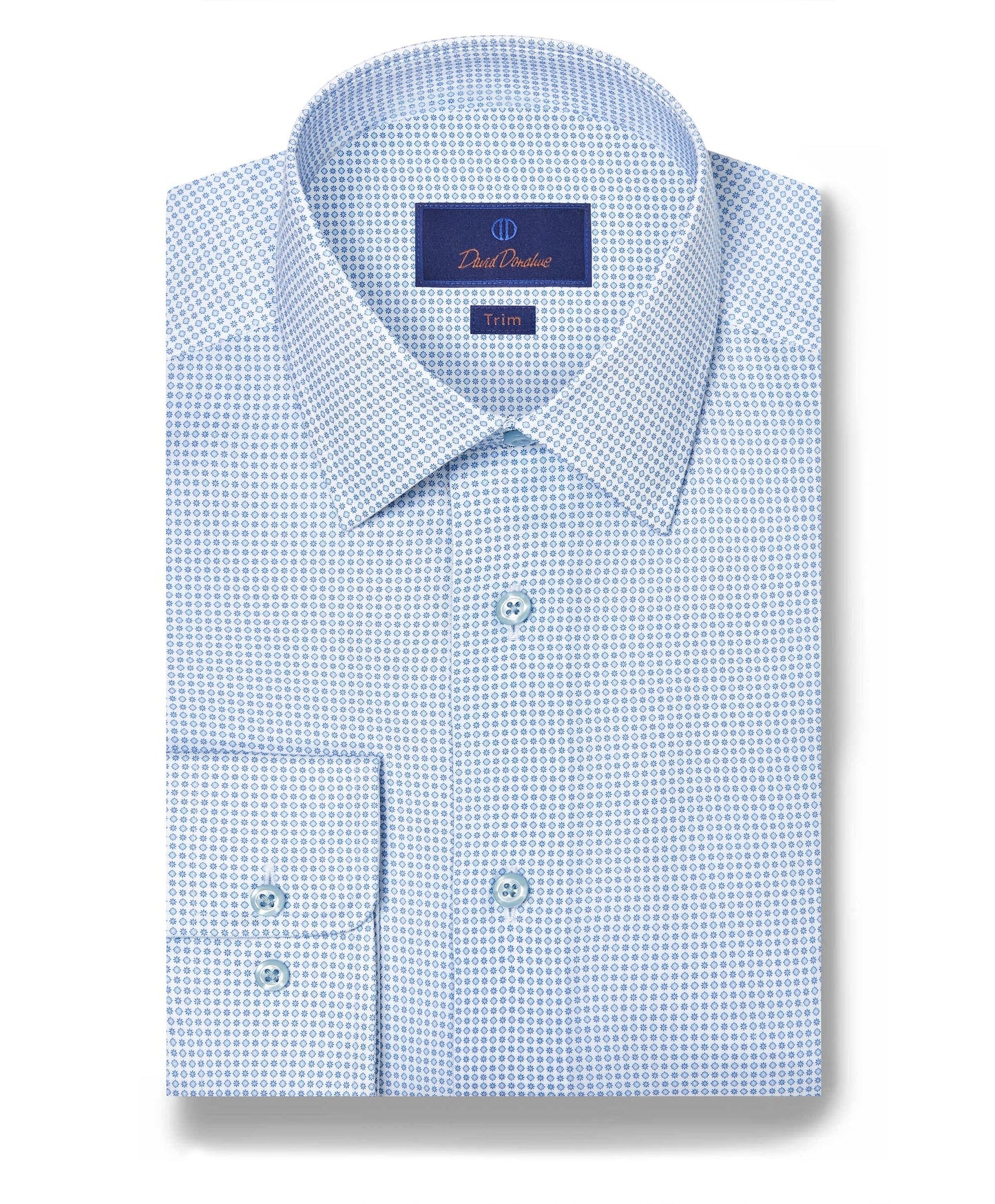 David Donahue Trim Fit Neat Print Dress Shirt in White/Blue