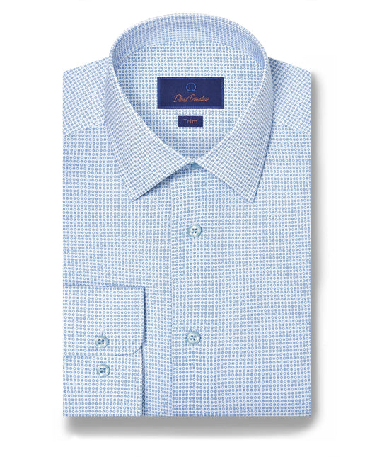 David Donahue Trim Fit Neat Print Dress Shirt in White/Blue