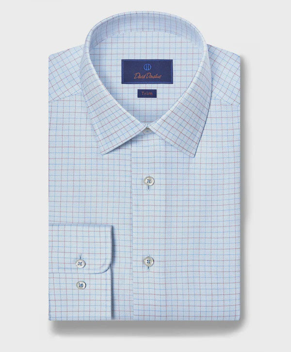 David Donahue Trim Fit Twill Check Dress Shirt in Sky/Dune