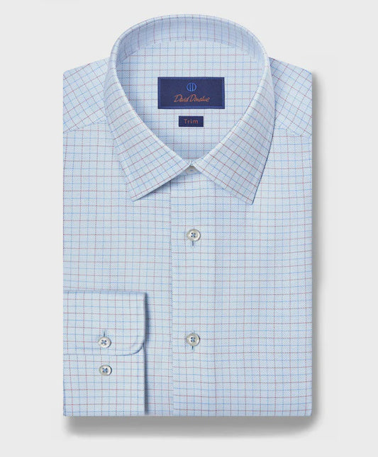David Donahue Trim Fit Twill Check Dress Shirt in Sky/Dune
