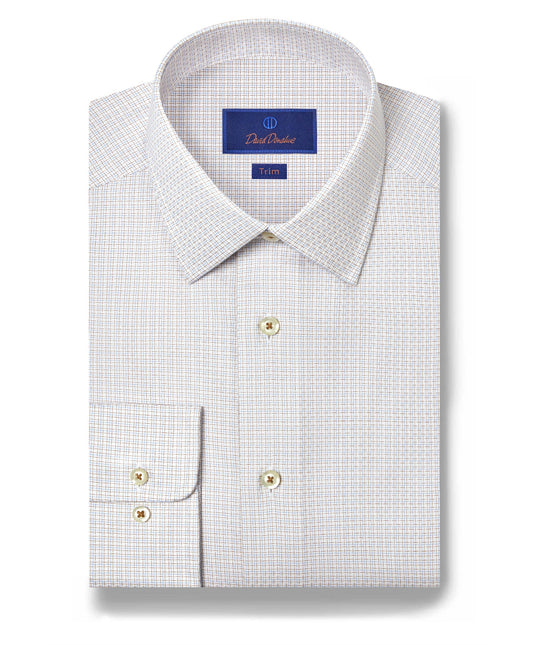 David Donahue Trim Fit Dobby Check Dress Shirt in White/Dune